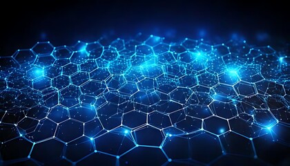Abstract blue glowing hexagonal network against a dark background, digital pattern.