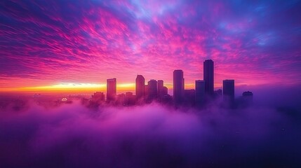Fototapeta premium Stunning sunrise over a vibrant city skyline with colorful clouds and fog