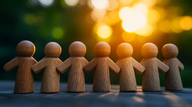 Wooden figurines in a row against a glowing warm sunset background