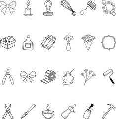Crafting Supplies Icons Ribbons, Candles, Flowers, Tools, and More