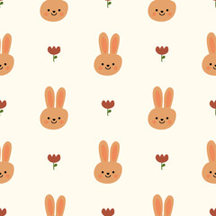 Face rabbit cartoon so cute. On flower background. Pattern seamless vector illustration. 