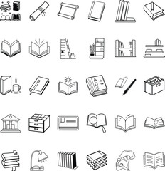 Bookshelf Icons Library, Reading, Literature, Education, Knowledge, Scrolls, Books, Stacks, Open Boo