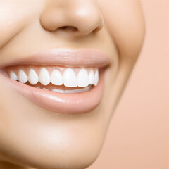 Obraz premium Close-up of a smiling face with bright white teeth, showcasing dental care and hygiene on a peachy-pink background. Perfect for health and beauty campaigns.