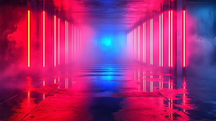 Obraz premium Neon-lit, futuristic cityscape backdrop with vibrant hues of blue, red, and pink. Fog-filled, empty room creates a mysterious and atmospheric scene reminiscent of cyberpunk aesthetics. Ideal for sci-f