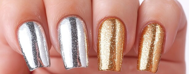 Luxurious Metallic and Glitter Nail Art Trends, a realistic photo of nails coated with metallic gold and silver polishes, enhanced with fine glitter for a glamorous finish