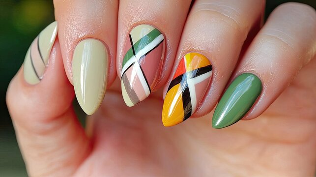 Minimalist Nail Art Featuring Geometric and Abstract Patterns, a realistic photo of well-manicured hands showcasing sharp, clean lines and bold geometric patterns on pastel nail polish