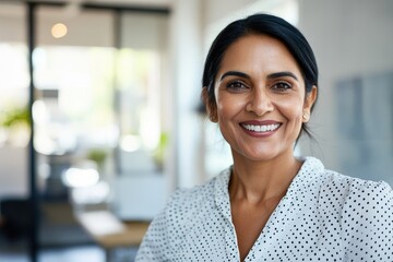 A happy, middle-aged Indian businesswoman wearing a polka dot blouse smiles at the camera in a modern office with a blurred background and ample copy space. Ideal for corporate materials