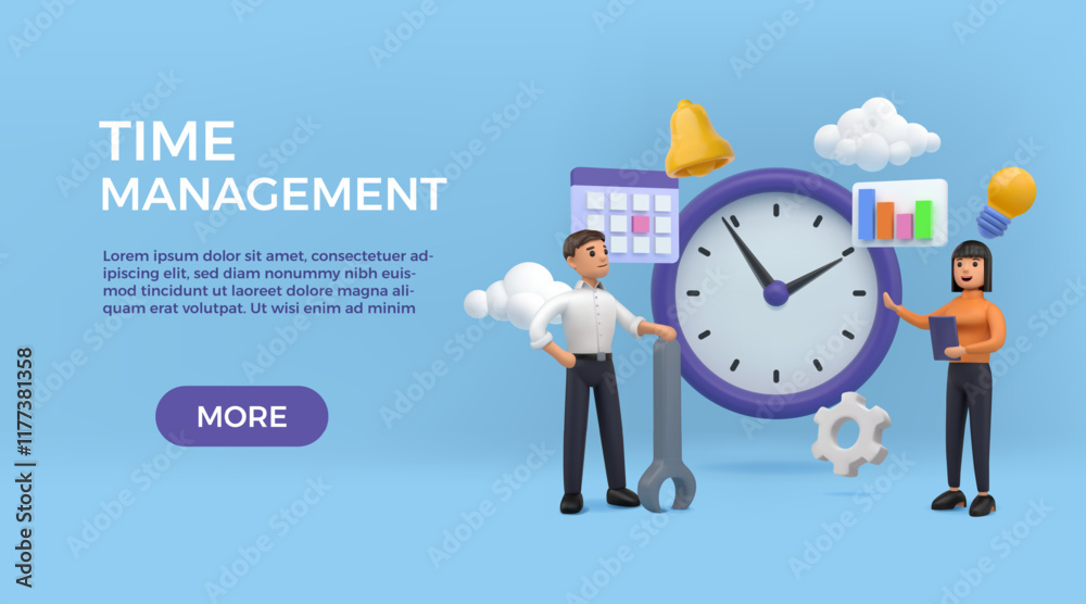 Poster Time management landing page. 3D manager with clock and calendar. Busy work productivity. Website design template. Schedule for human strategy or people efficiency. Vector background
