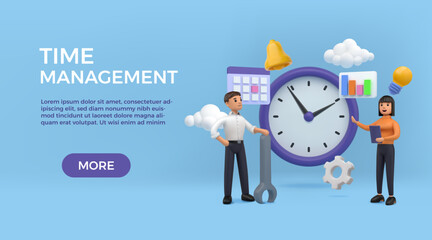 Time management landing page. 3D manager with clock and calendar. Busy work productivity. Website design template. Schedule for human strategy or people efficiency. Vector background