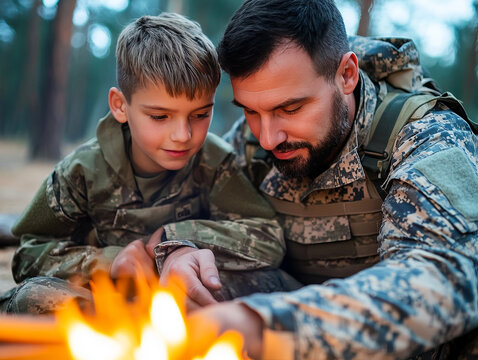 Bonding Moments in Nature Between Father and Son During Camping Adventure Outdoors