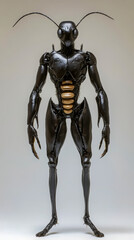 A detailed black humanoid insect creature with segmented body and antennae, blending sci-fi design with natural insect anatomy.

