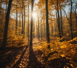 Obraz premium A Beautiful Landscape Of A Forest During Autumn With Leaves Changing Colors In Shades Of Orange, Yellow, Red With A Sun Shining Through The Trees