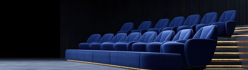 Fototapeta premium Comfortable Blue Seats in a Modern Movie Theater with Elegant Lighting and Dark Interior Design
