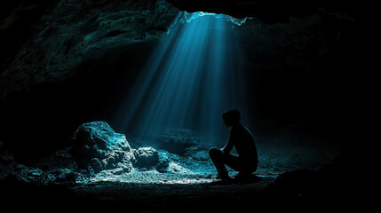 Obraz premium A Solitary Figure Kneels in a Dark Cave Illuminated by Breakthrough Light