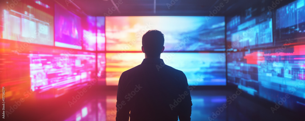Wall mural mans silhouette in tech room surrounded by vibrant screens displaying data and graphics, creating fu