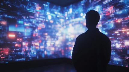 Fototapeta premium man in silhouette observes large holographic screen displaying vibrant digital data. scene evokes sense of wonder and curiosity about technology and innovation