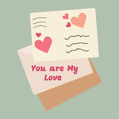 Valentines Day card of postal envelopes with love letters. Romantic letters and envelops with greeting postcards, holiday mails. Simple, minimalistic, holiday card.