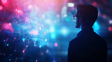 man gazes at holographic projection, surrounded by vibrant lights and digital patterns, evoking sense of wonder and curiosity about technology and future