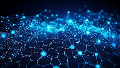 Glowing blue network of connected lines and points, a digital abstract design.