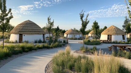 Obraz premium Bright summer day highlights traditional Zulu huts in an eco village, framed by green trees and open park space near Harare