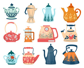 Kettles. Colorful patterned cozy teapots. Kitchen modern crockery with botanical ornament. Utensil for hot tea and coffee. Ceramic and porcelain cookware. Vector cartoon flat illustration