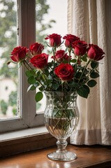 Elegant vase filled with fresh red roses on a wooden windowsill