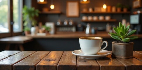 Dark wood table with products displayed in a blurred cafe background, retail decor, cafe ambiance, blurred background