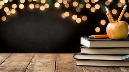 Teacher stands confidently in front of a blackboard, ready to engage students as books and supplies enhance the learning environment