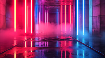 Neon-lit, futuristic cityscape backdrop with vibrant hues of blue, red, and pink. Fog-filled, empty room creates a mysterious and atmospheric scene reminiscent of cyberpunk aesthetics. Ideal for sci-f