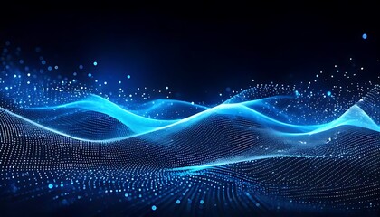 Luminous, undulating blue waves composed of dots and particles create a dynamic, abstract, technological landscape against a dark backdrop.
