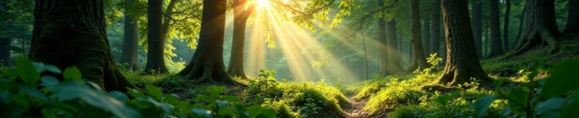 Dense forest clearing with sunlight filtering through trees, mushrooms, leaves, wildlife