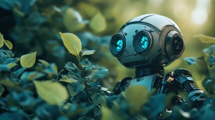 A small robot with blue eyes peeks through lush green foliage, blending technology with nature.