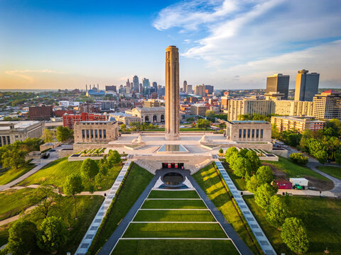 KANSAS CITY, MISSOURI, USA - APRIL 26, 2024: The downtown skyline from the National World War I Museum and Memorial.