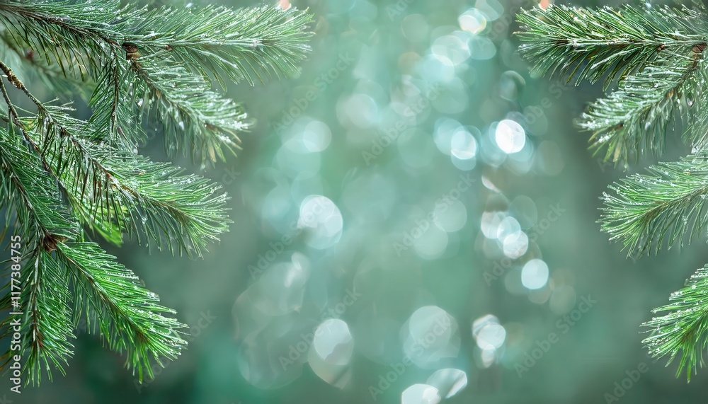 Poster close-up of frosted evergreen pine branches with water droplets and soft bokeh background for winter