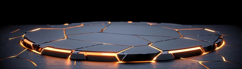 Abstract circular platform with glowing edges, cracked surface, and modern design in dark setting