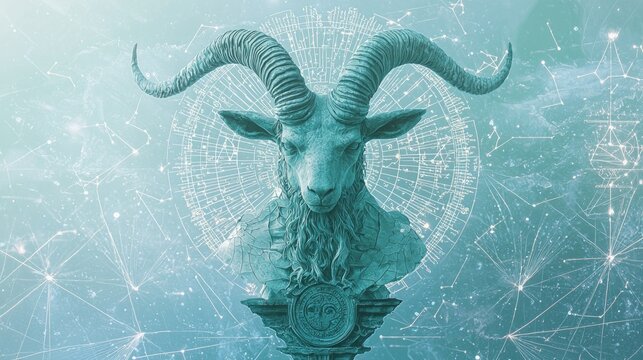 Celestial Capricorn: Surreal Collage of Goat Bust, Fish Tail, and Star Charts in Philosophical Cinematic Artwork