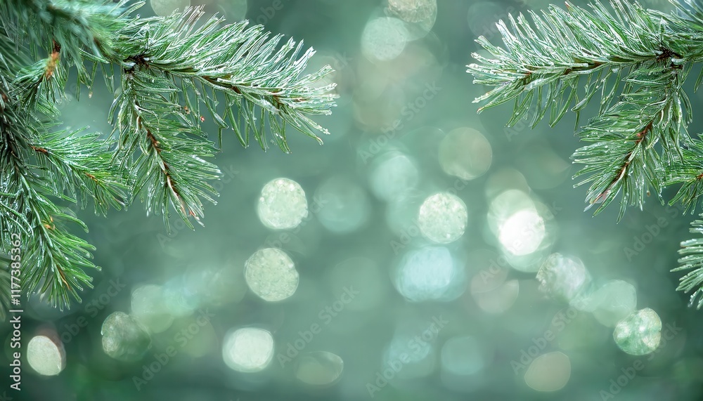 Poster Close-Up of Frosted Evergreen Pine Branches with Water Droplets and Soft Bokeh Background for Winter Nature Themes or Festive Designs