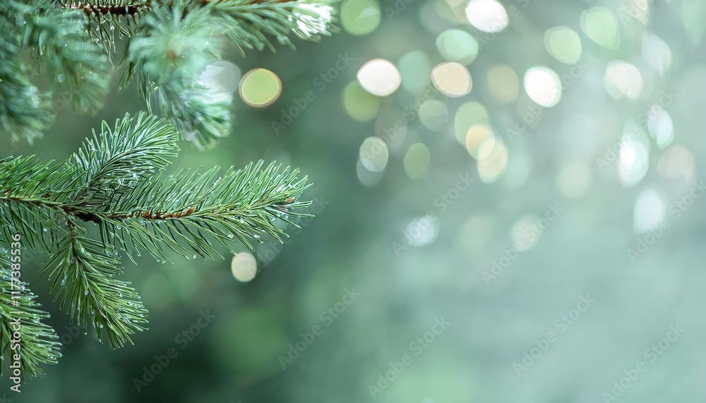 Poster Close-Up of Frosted Evergreen Pine Branches with Water Droplets and Soft Bokeh Background for Winter Nature Themes or Festive Designs
