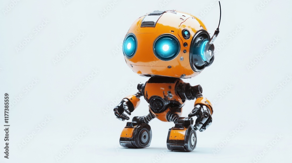 Poster a small, friendly robot with glowing blue eyes, designed for interaction and assistance.