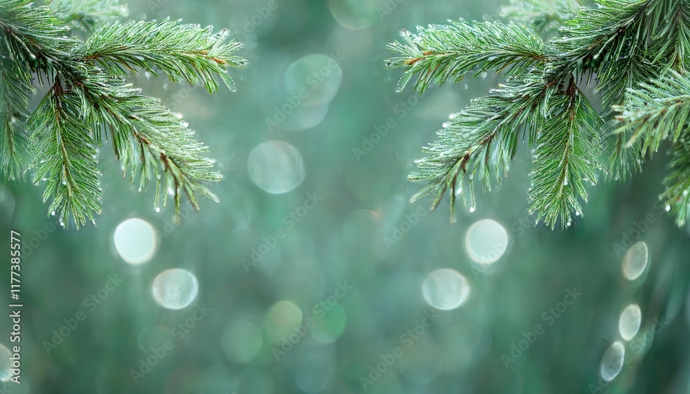 Poster Close-Up of Frosted Evergreen Pine Branches with Water Droplets and Soft Bokeh Background for Winter Nature Themes or Festive Designs
