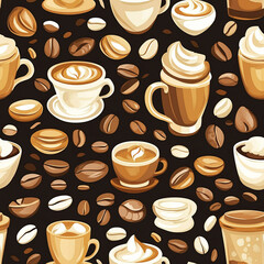 Seamless pattern of coffee cups and beans with warm, inviting design