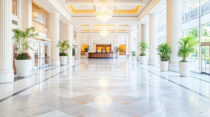 Fototapeta premium Grand Hotel Lobby: Elegant marble flooring, towering columns, and lush potted plants create a sophisticated and welcoming atmosphere in this expansive hotel lobby.