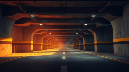 Naklejka premium Realistic Garage Underground Lights Hallway Tunnel Corridor Sci Fi, Futuristic Dark Parking