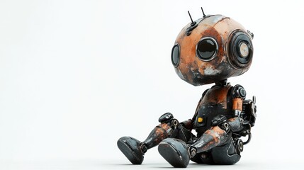A small, rusty robot figure sits on a surface, showcasing a blend of mechanical and artistic design.