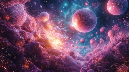 Luminous spheres orbit in an ethereal night sky, blending with the celestial sparkle of countless stars, creating a magical cosmic dance
