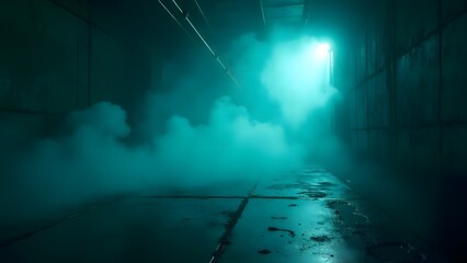 Fototapeta premium Moody Teal Lit Underground Corridor Smoke Filled Pathway