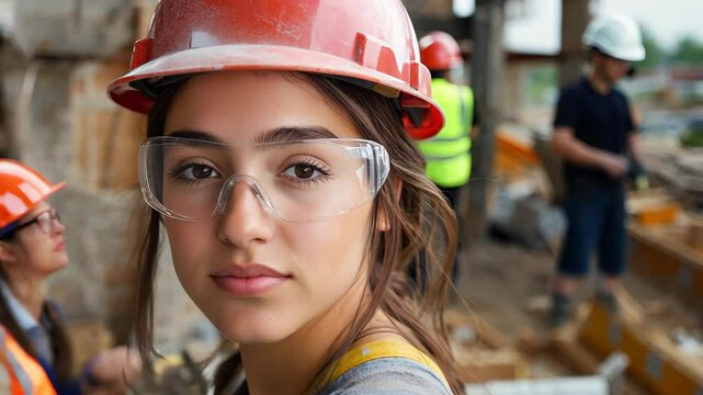 A confident young woman wearing a red hard hat and safety goggles at an active construction site, focused and professional.