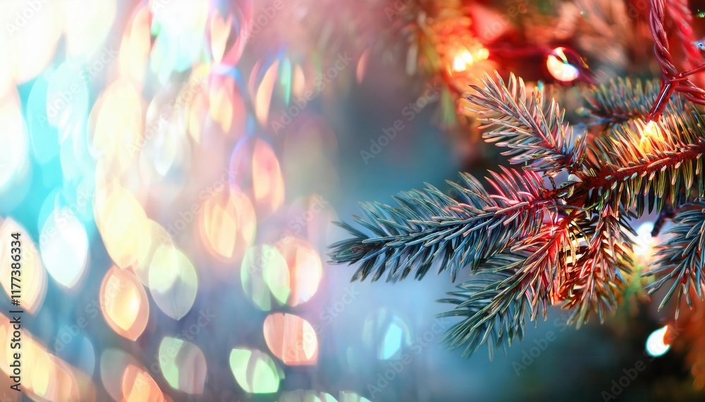 Poster festive fir tree branch with colorful bokeh lights in a vibrant holiday atmosphere perfect for chris