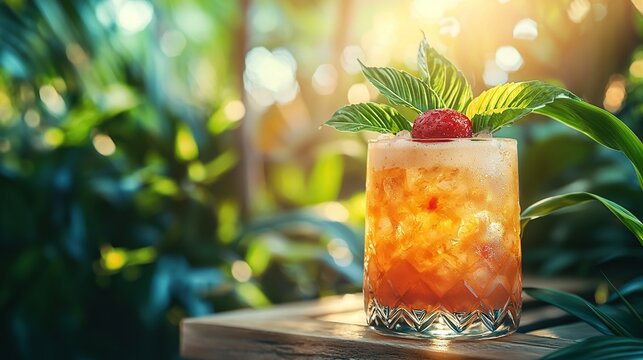 Tropical cocktail with berry, mint in jungle garden at sunset.