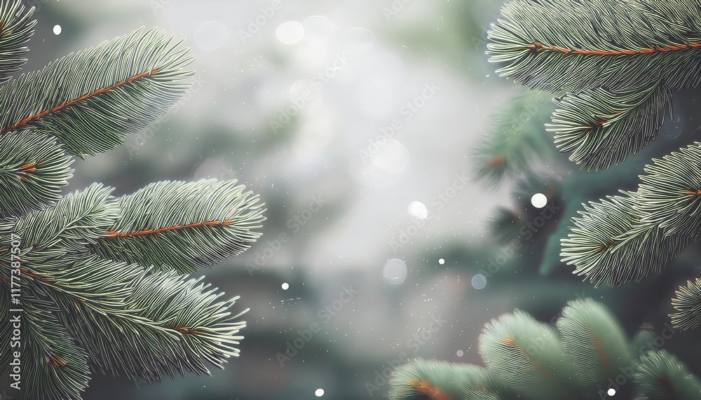 Poster Close-Up of Snow Covered Evergreen Pine Branches with Soft Bokeh Winter Lights in Background: Perfect for Seasonal Nature Photography

